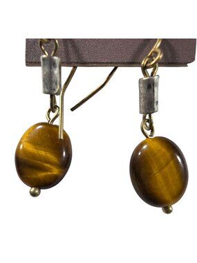 J.Jill Semi-Precious Tigers Eye Drop Earrings Brass Hook Design womens Jewelry